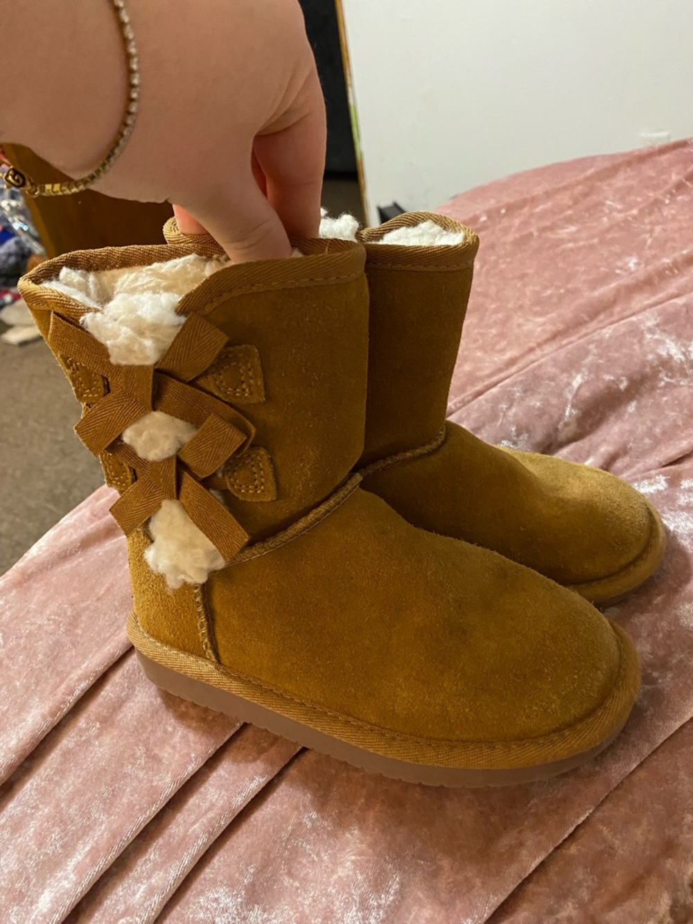 Koolaburra Kids Chestnut Brown Suede Bow Back Boots